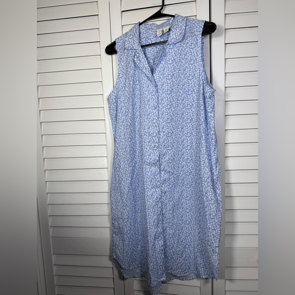 Joie Blue & White Sleeveless Button-Up Shirt Dress with Two Pockets Size Large